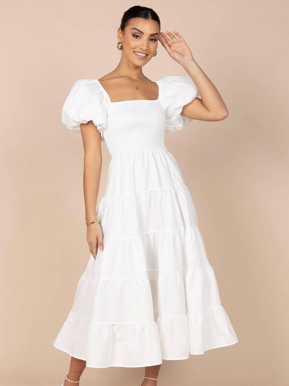 Petal & Pup White Puff-Sleeve Tiered Maxi Dress